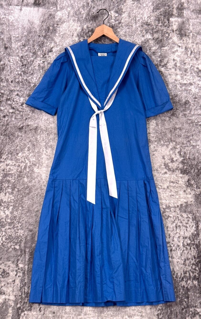 Vintage Laura Ashley Sailor Dress US 10 Womens Blue Cotton Pleated Midi
